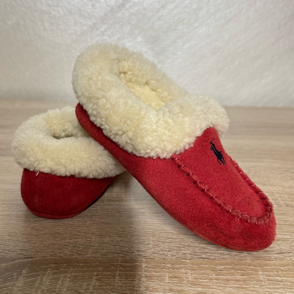 Polo Ralph Lauren Kids Size 9 Red Suede Sheepskin Slippers Moccasin Unisex - Picture 10 of 11